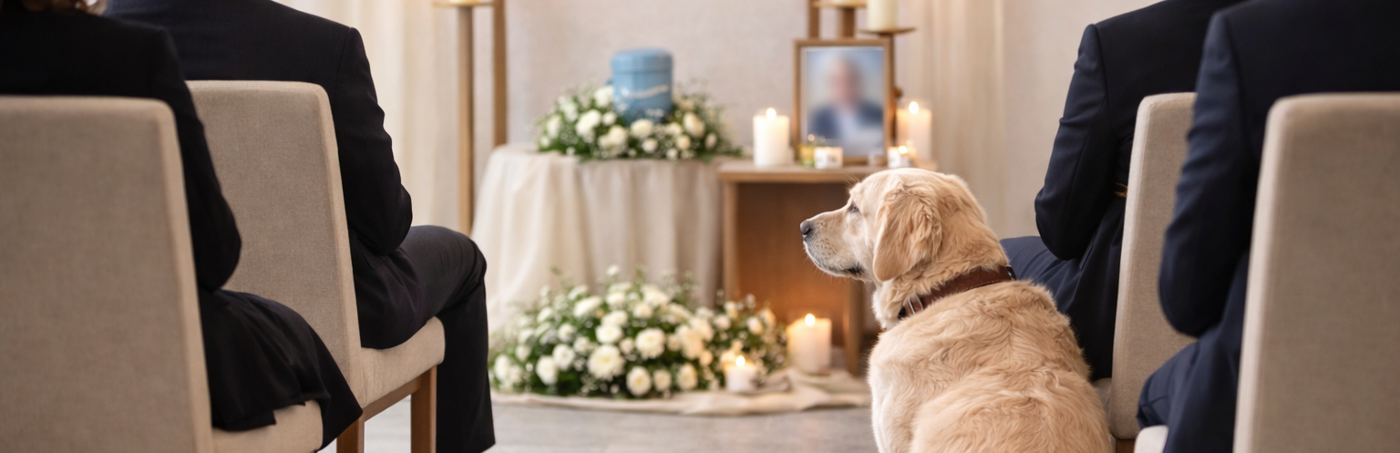 Ein Golden Retriever Hund sitzt im Gang einer Urnenfeier an der Seite der Trauergäste.