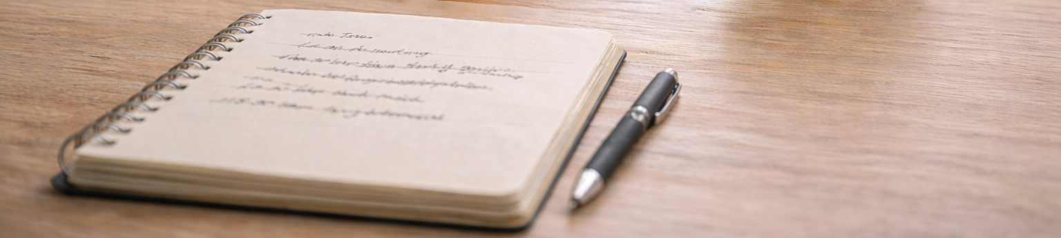 Zu sehen ist ein Notizblock mit Stift auf einem hellen Holztisch. Der Notizblock ist leicht verschwommen. Man sieht, dass Termine durchgestrichen wurden. Es verdeutlicht, dass Arbeit liegen gelassen wird, wenn einem ein Trauerfall ereilt.
